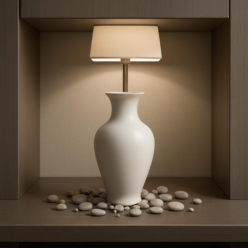 Une lampe à table blanc - la lampe est blanche et a une position à table avec un réflecteur en toileau couverture.